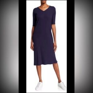 EILEEN FISHER Midi Dress Ribbed Navy Blue Stretch V Neck Short Knit Sz Large